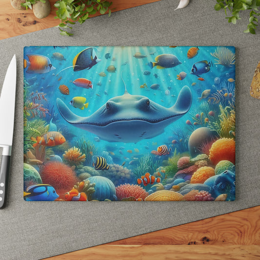 Tabla de cortar de vidrio con diseño de raya y arrecife de coral: decoración de cocina con vida marina y peces de agua salada
