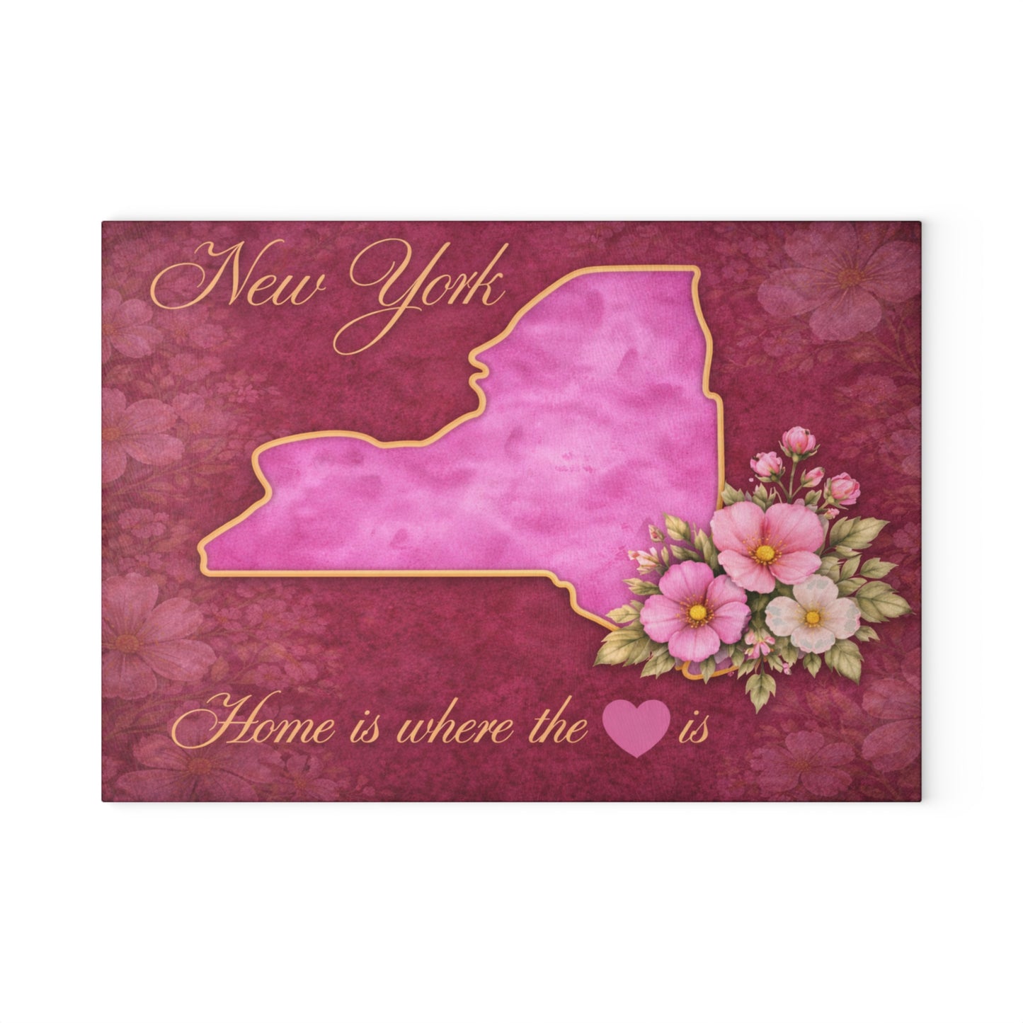 New York State Home is Where the Heart Is Glass Cutting Board – Floral State Pride Kitchen Decor