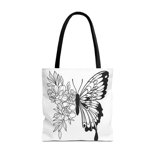🦋 Black & White Butterfly Floral Tote Bag – Elegant Simplicity in Every Carry 🌸👜