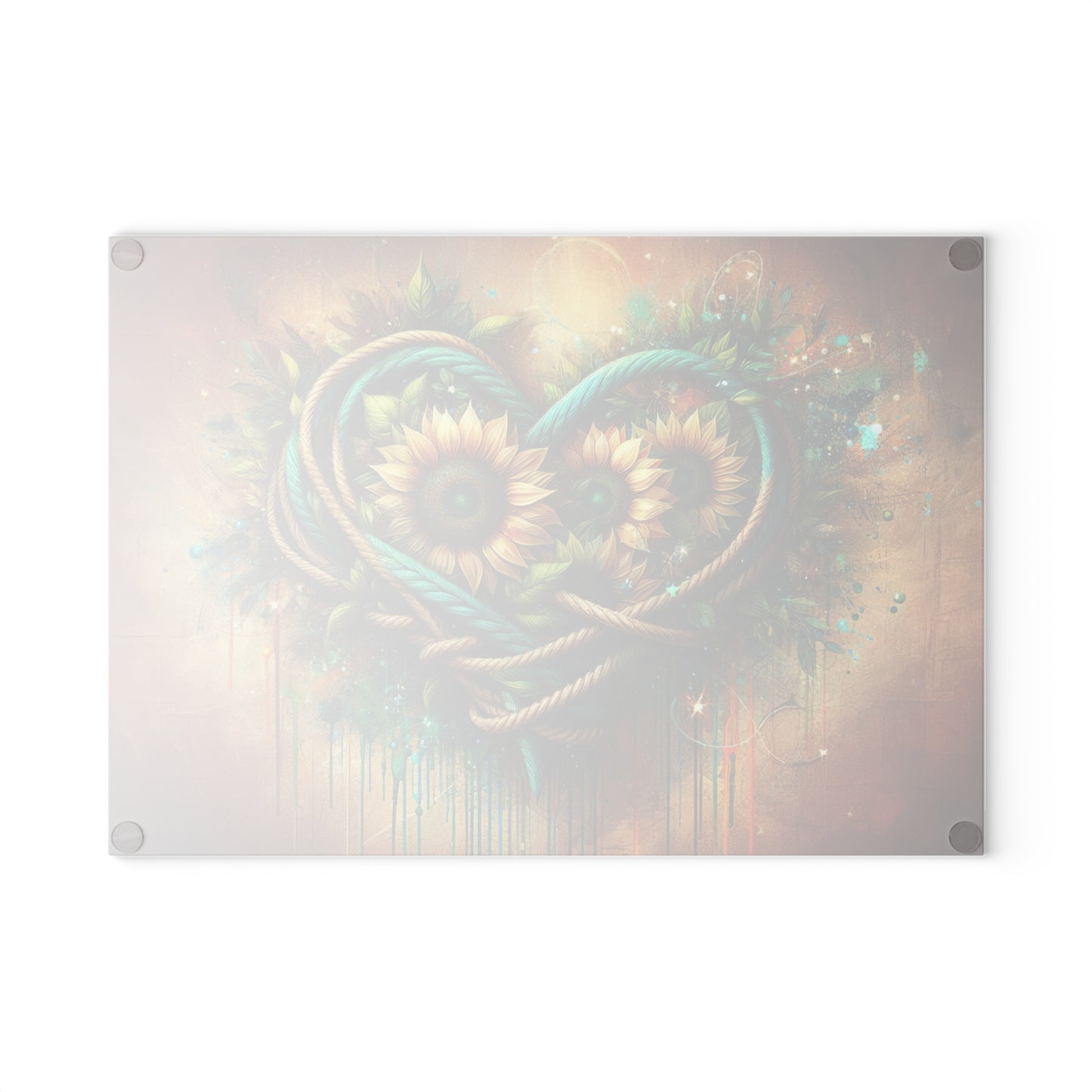 Sunflower Rope Heart Glass Cutting Board – Rustic Floral Love Kitchen Display