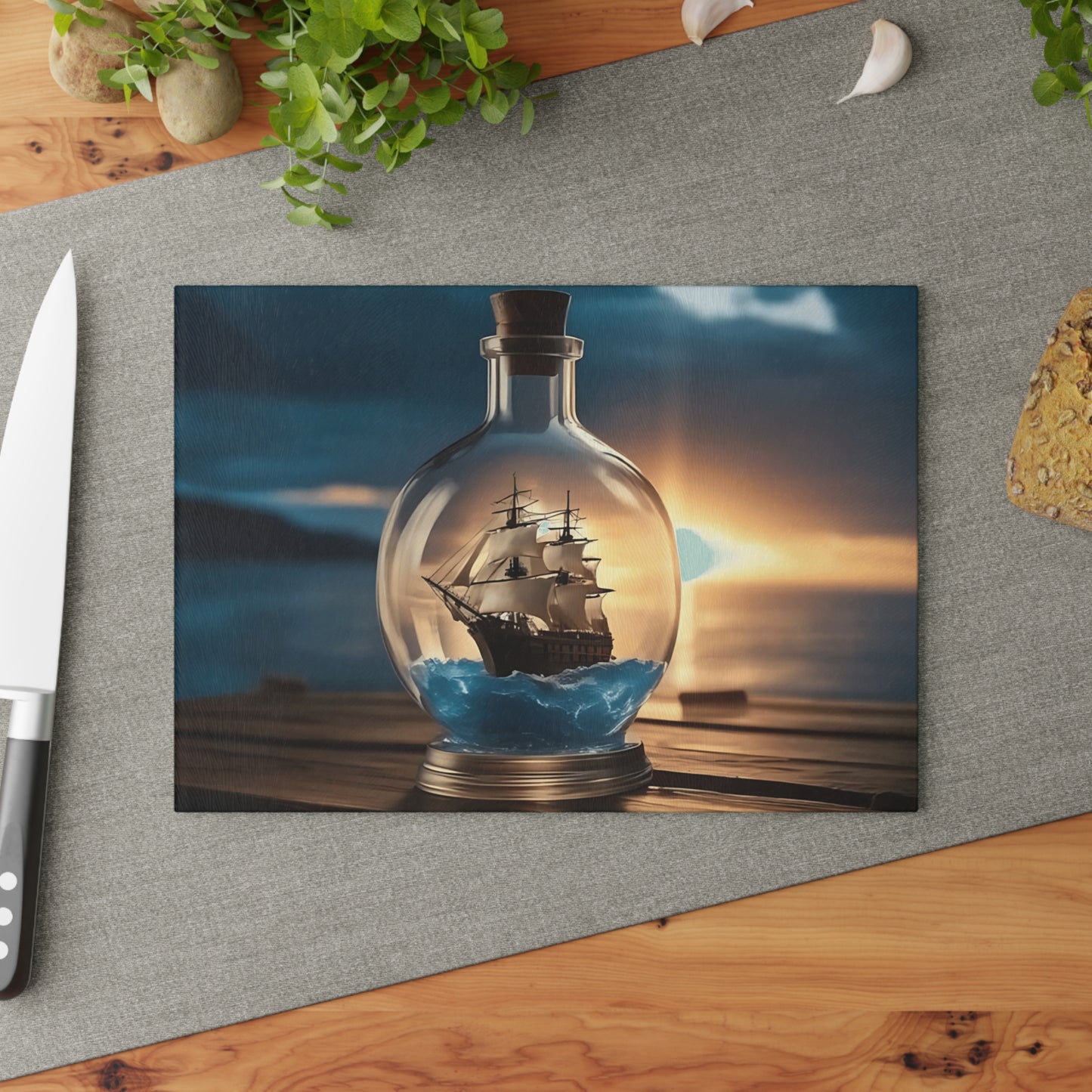 Tabla de cortar de vidrio templado con un barco antiguo en una botella: diseño de atardecer náutico