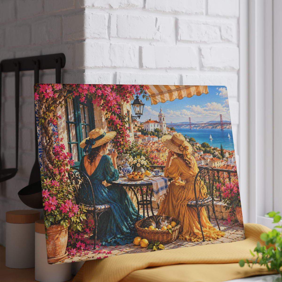 Lisbon Portugal Coastal Terrace – Tempered Glass Cutting Board – European Seaside Art