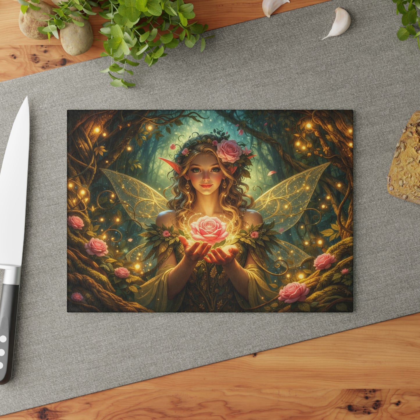 Enchanted Forest Fairy Glass Cutting Board – Magical Rose Fantasy Art Kitchen Decor