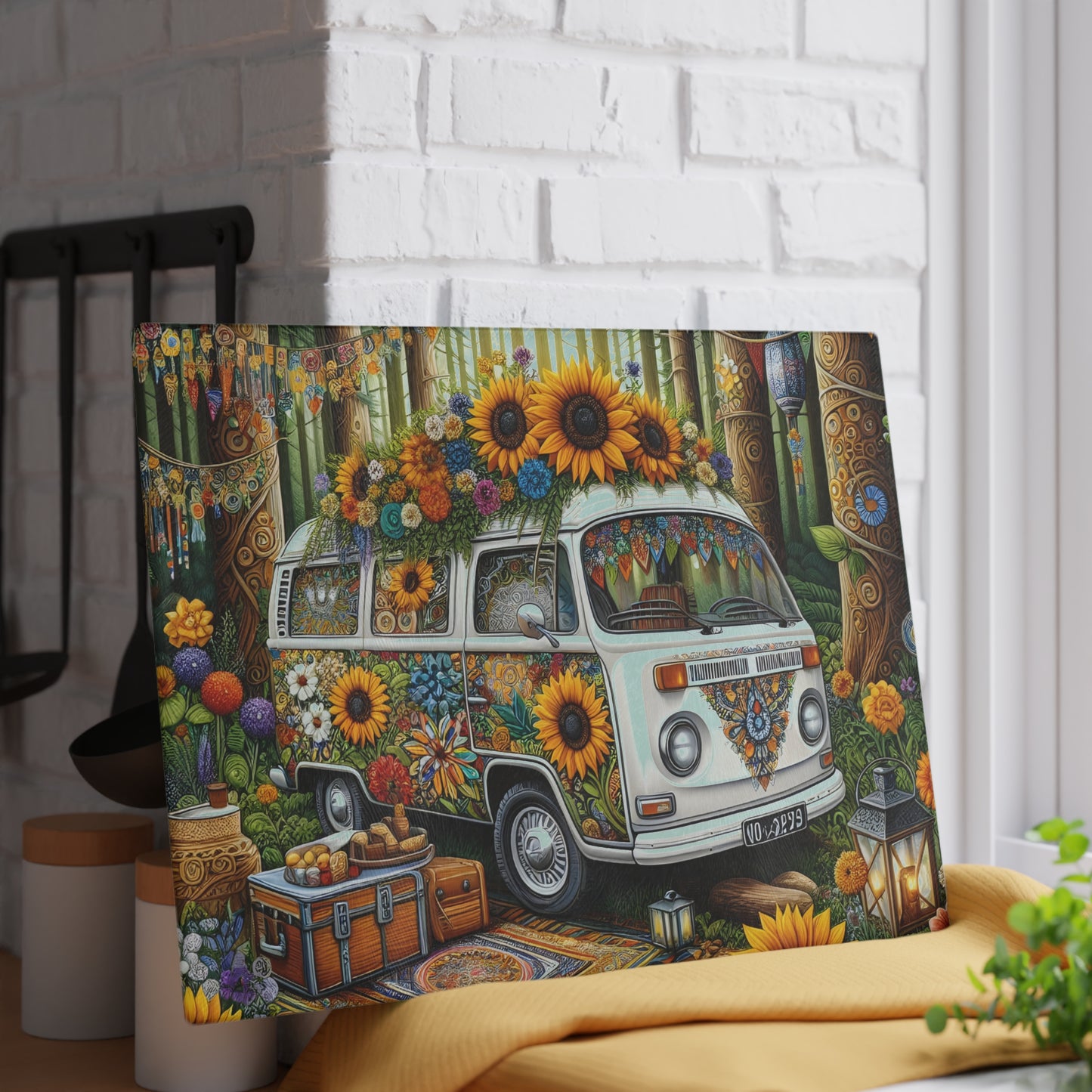 🌻 Boho Sunflower Van Cutting Board – Retro Vibes for Your Kitchen 🌼