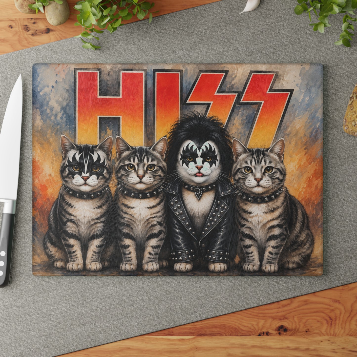 HISS Cats Glass Cutting Board – Funny Music-Loving Cat Artwork for Cat Lovers