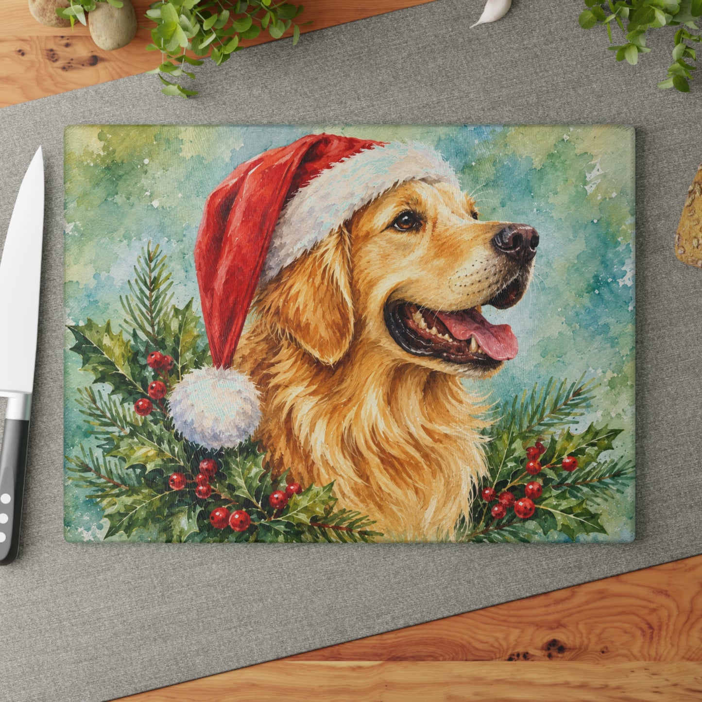 Golden Retriever Christmas Glass Cutting Board – Santa Hat, Holly & Evergreen Holiday Dog Decor