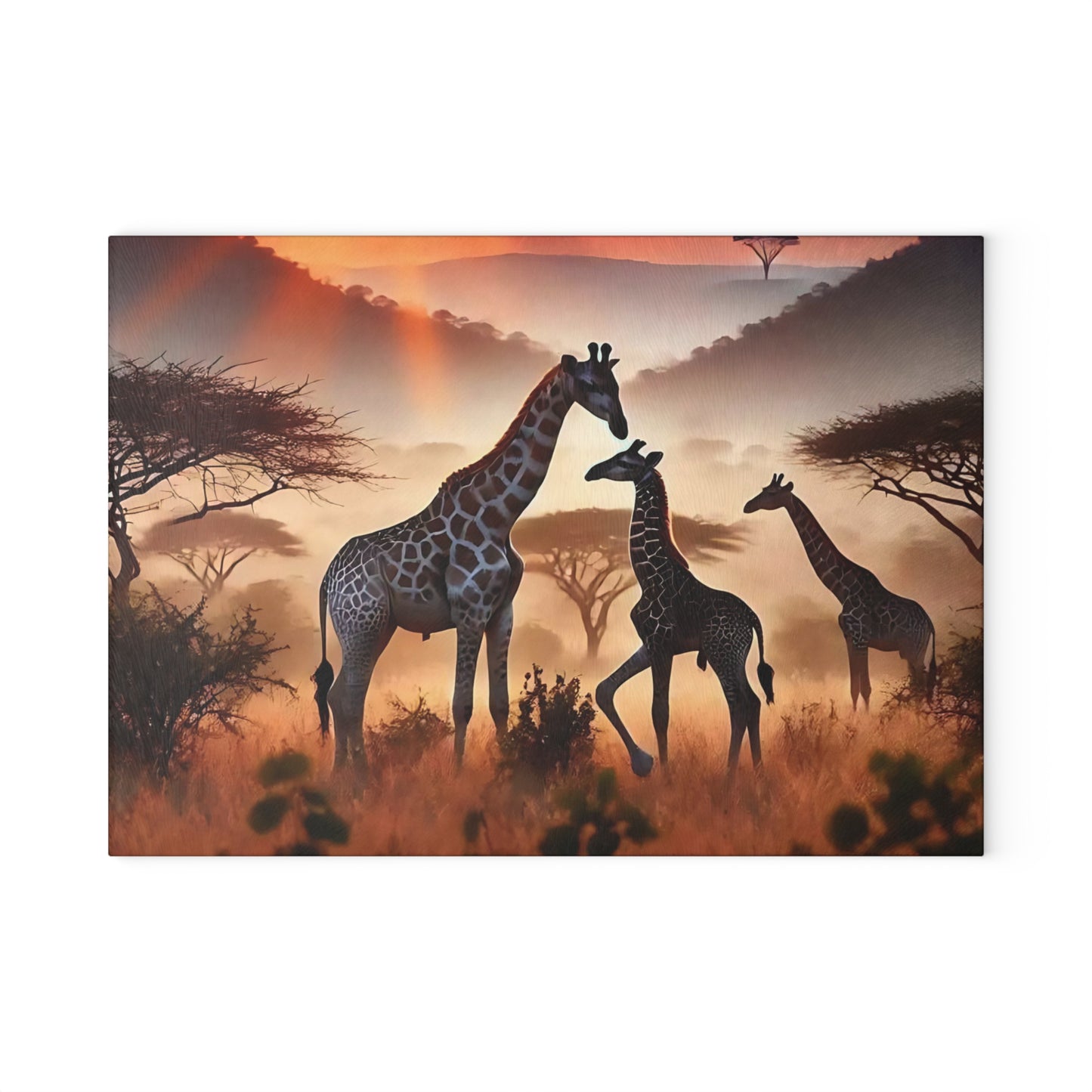 Tabla de cortar de vidrio con diseño de jirafa al atardecer, decoración de cocina, regalo de inauguración de la casa, regalo para amantes de los animales, regalo personalizado de vidrio templado, tabla de charcutería