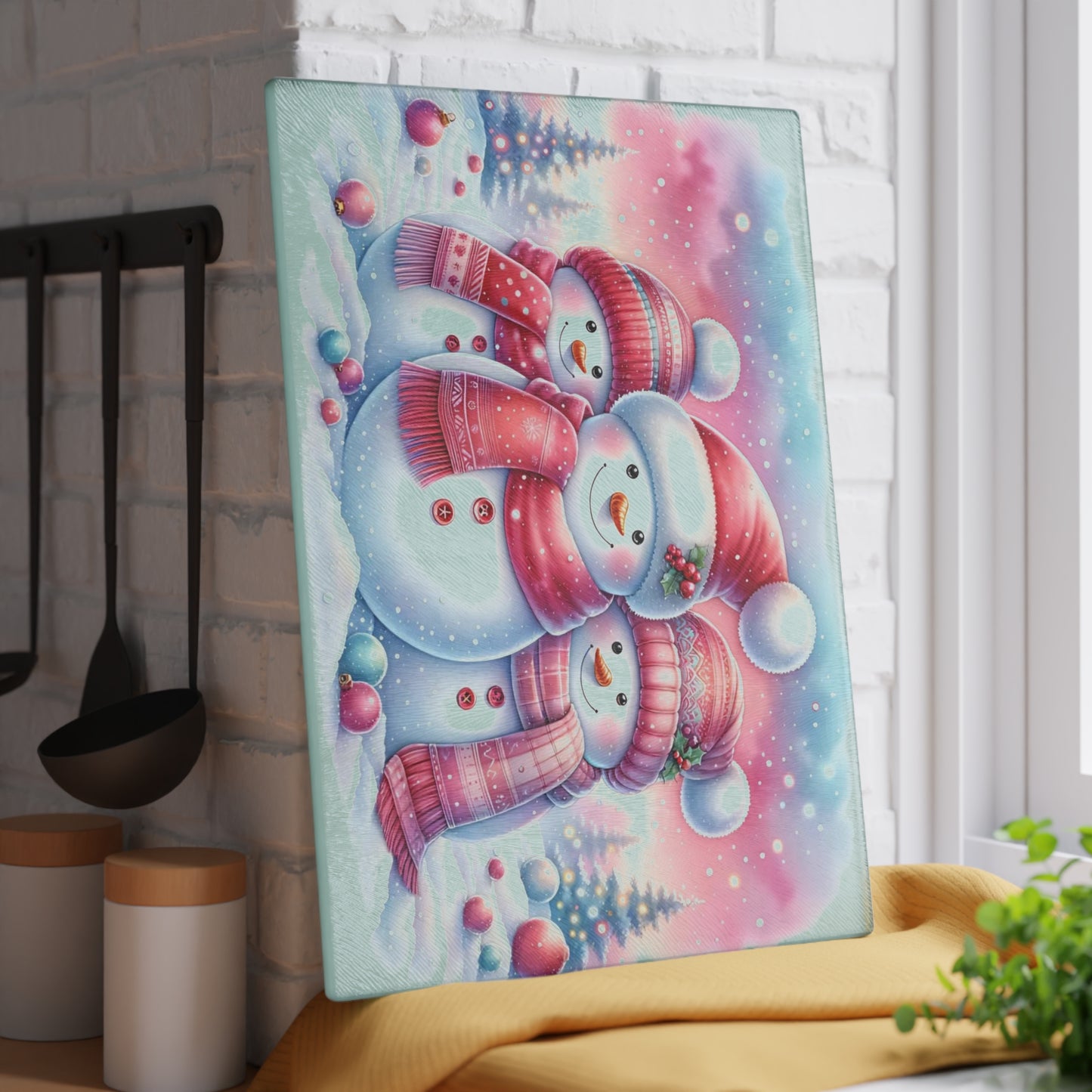 ⛄️🎀 “Pink Scarf Snowman Trio” Glass Cutting Board – Cozy Charm for Your Kitchen