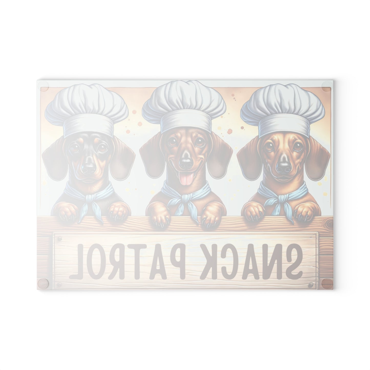 🐾🍪 “Snack Patrol Dachshunds” Glass Cutting Board – Playful Pup Energy for Your Kitchen