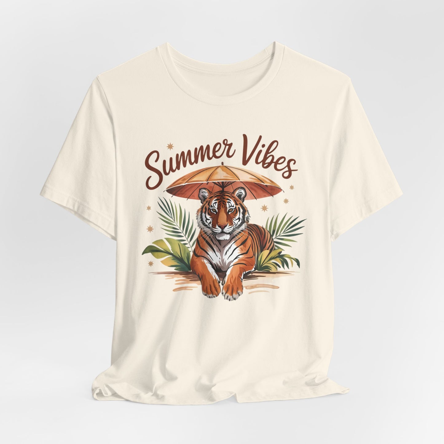 Camiseta Summer Vibes Tiger – Gráfico de palmeras de la selva con paraguas | Múltiples opciones de color