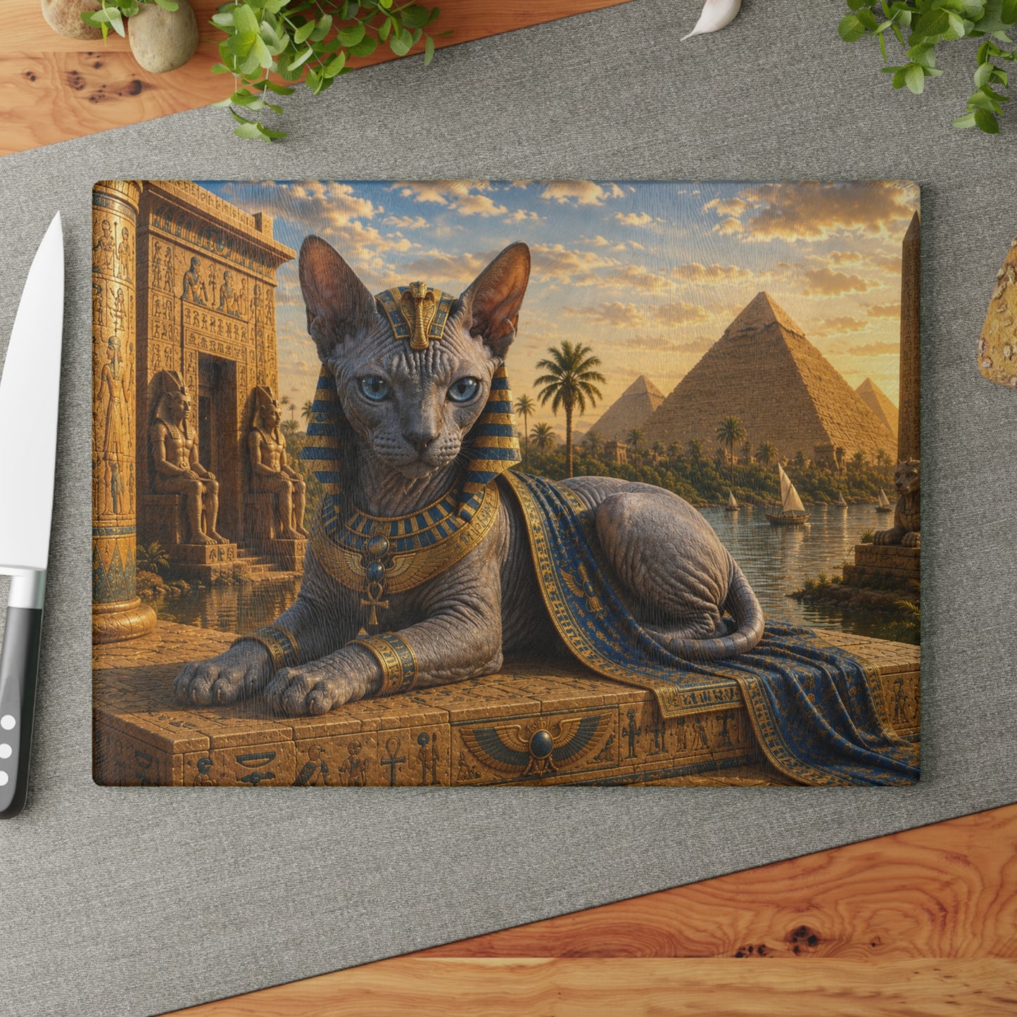 Ancient Egyptian Male Sphynx Cat Glass Cutting Board – Regal Egyptian Cat Kitchen Decor