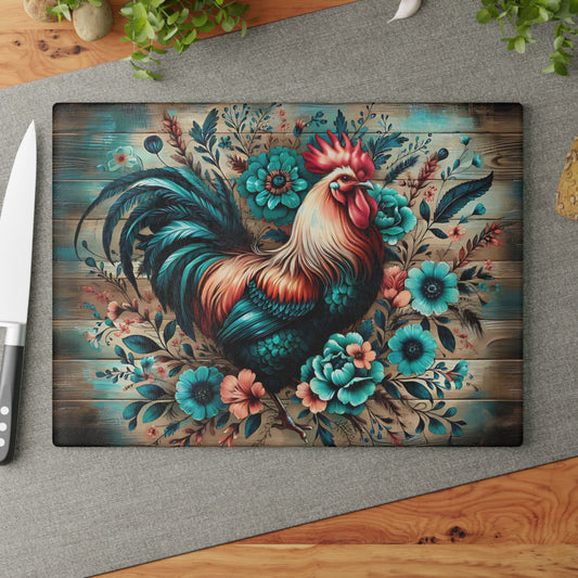 🐓 Rustic Rooster & Teal Floral Cutting Board – Farmhouse Country Kitchen Décor