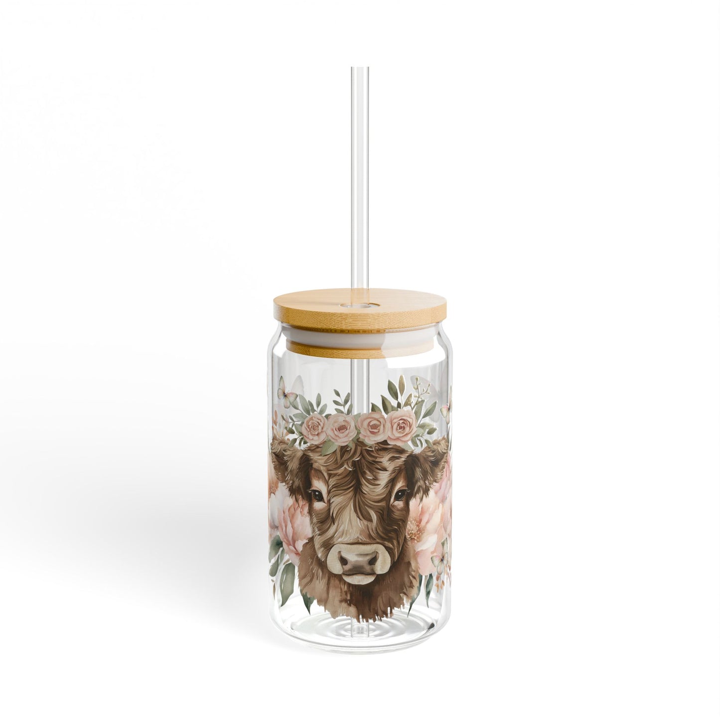 🐮🌸 Floral Highland Cow Sipper Glass – Rustic 16oz Charm with Country Elegance 🍹