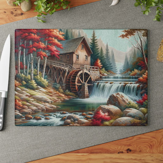 🍁 Autumn Watermill Cutting Board – Rustic Charm Meets Tranquil Fall Beauty