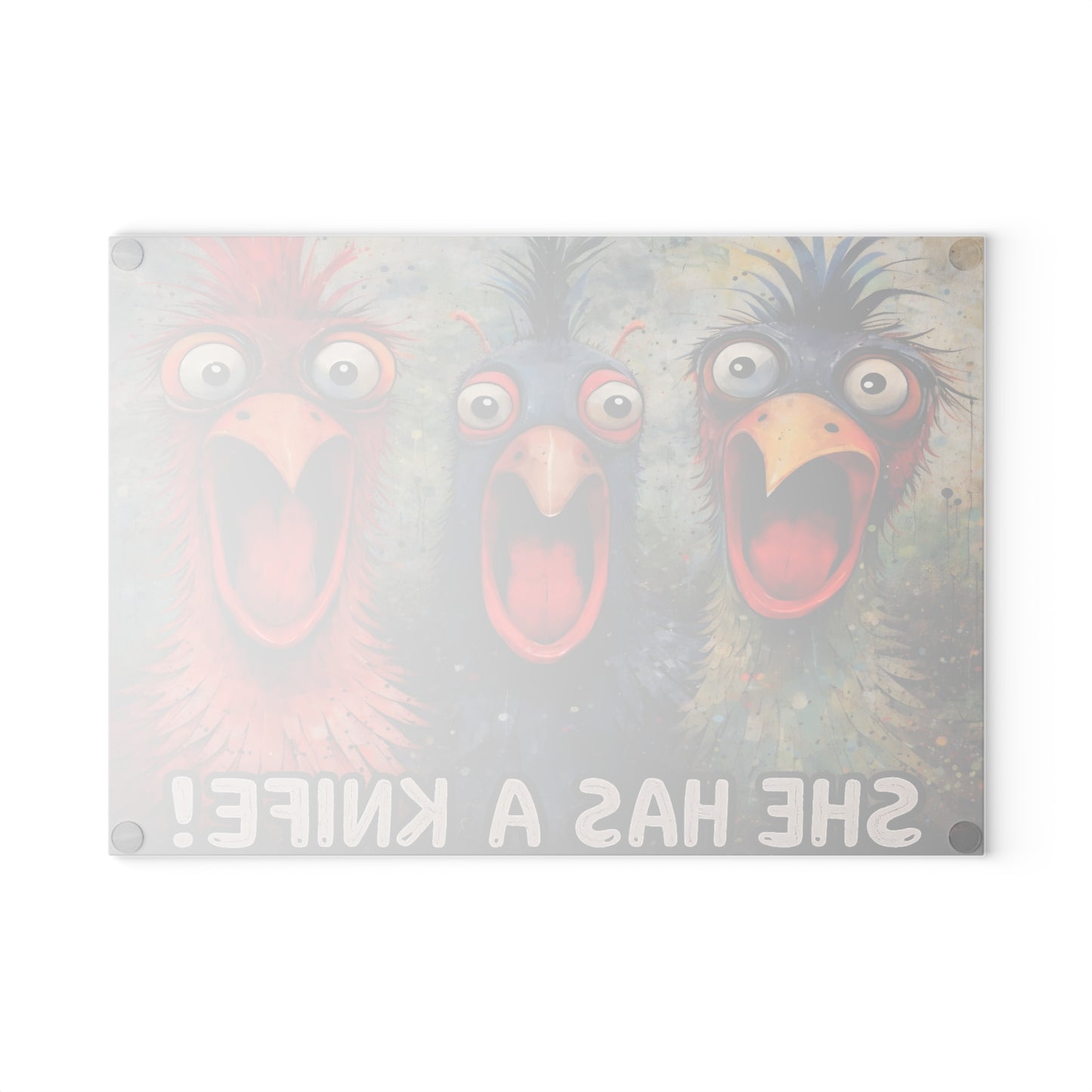 She Has a Knife Glass Cutting Board – Funny Chicken Kitchen Art with Bold Farm Humor