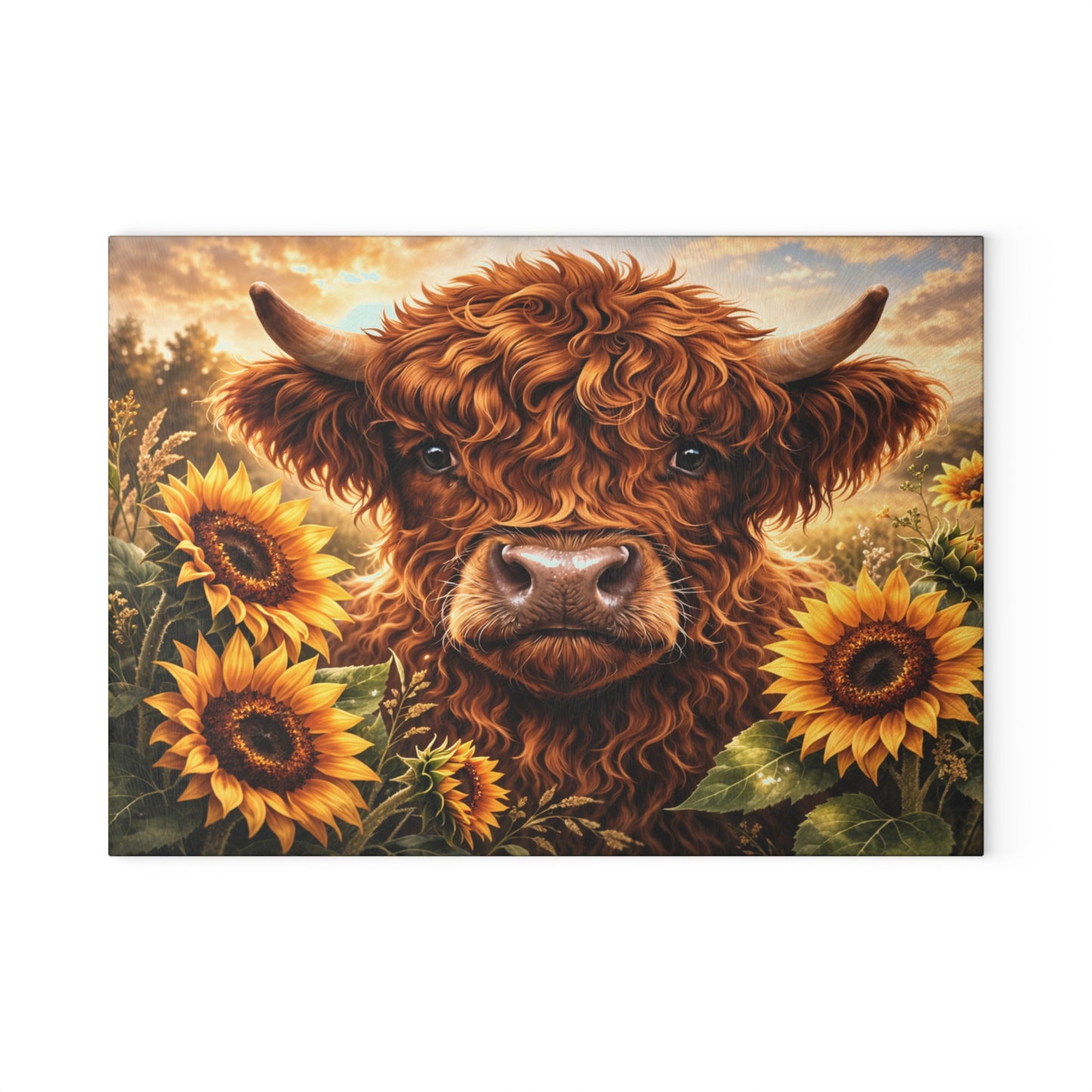 Sunflower Meadow Highland Cow Glass Cutting Board – Warm Farmhouse Floral Art with Country Charm