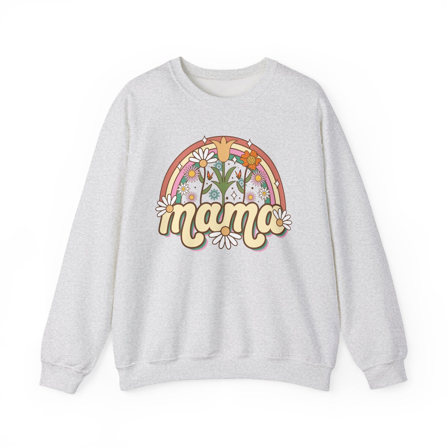 🌼🌈 Retro Floral Mama Sweatshirt – Vintage Rainbow Daisy Mom Crewneck