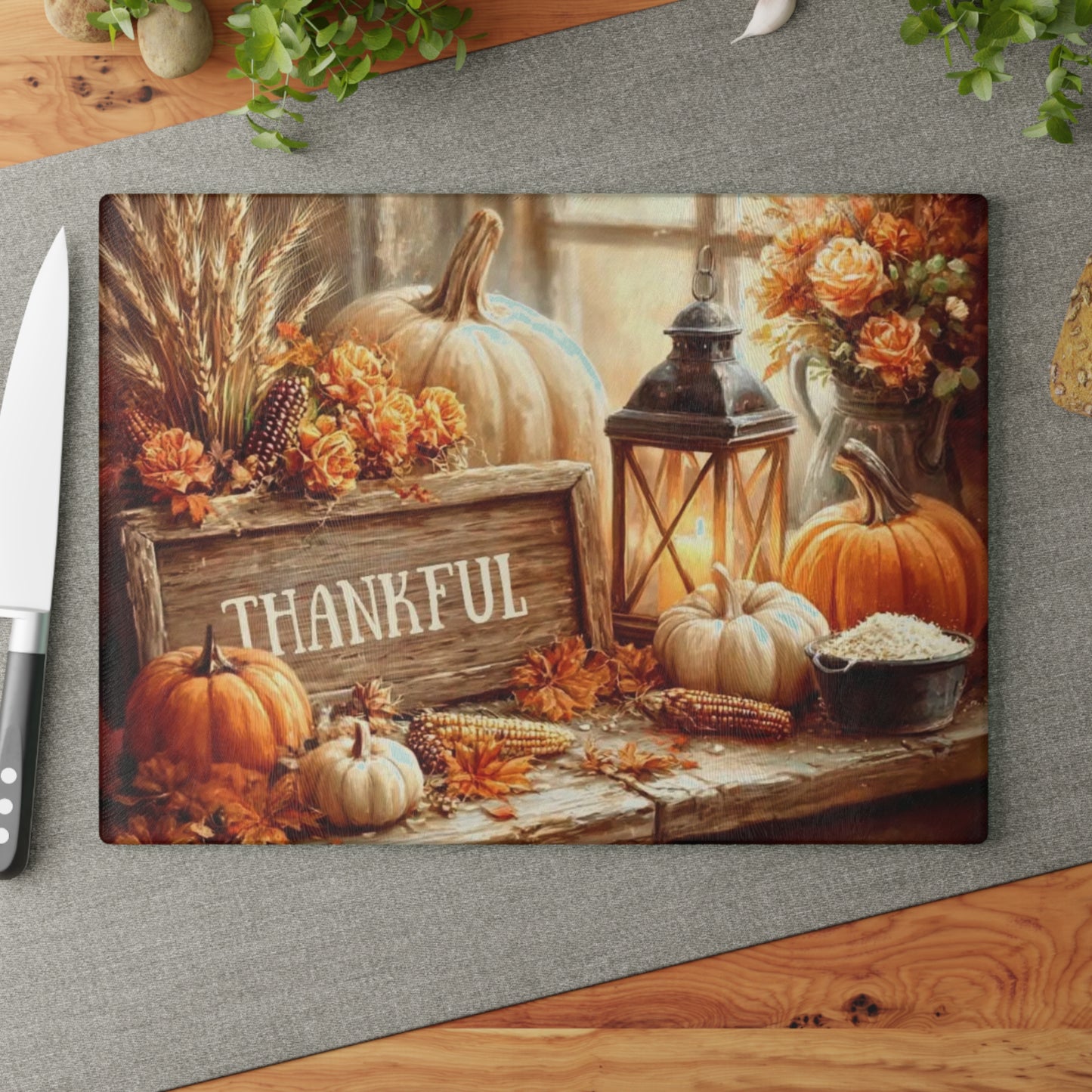 🎃🕯️ “Thankful Autumn Vignette” Glass Cutting Board – Cozy Charm for Your Kitchen