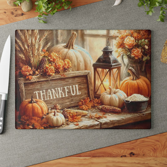 🎃🕯️ “Thankful Autumn Vignette” Glass Cutting Board – Cozy Charm for Your Kitchen