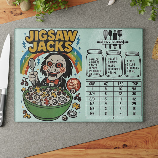 🧩 “Jigsaw Jacks” Horror Cereal Cutting Board – Twisted Fun at Every Meal! 🥄