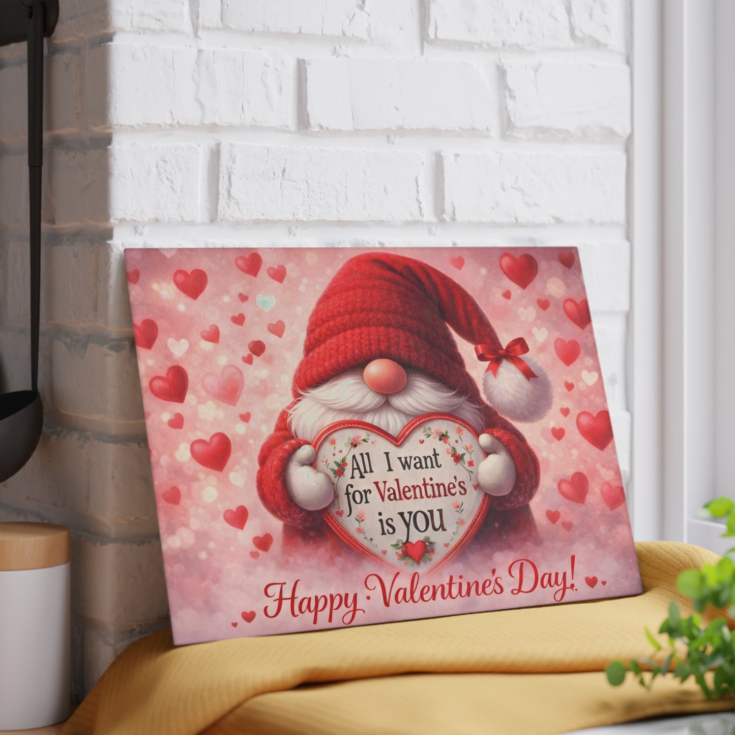 Valentine Gnome Glass Cutting Board – Romantic Heart-Themed Kitchen Décor