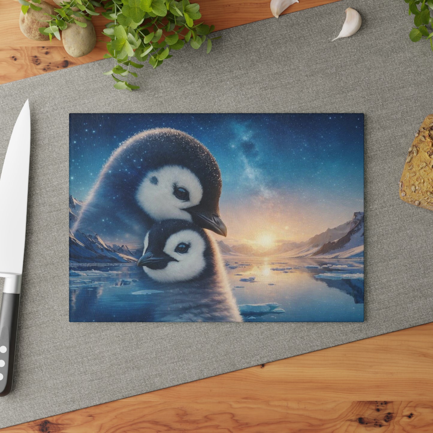 Arctic Penguin Family Northern Sky Glass Cutting Board – Peaceful Polar Wildlife Kitchen Art