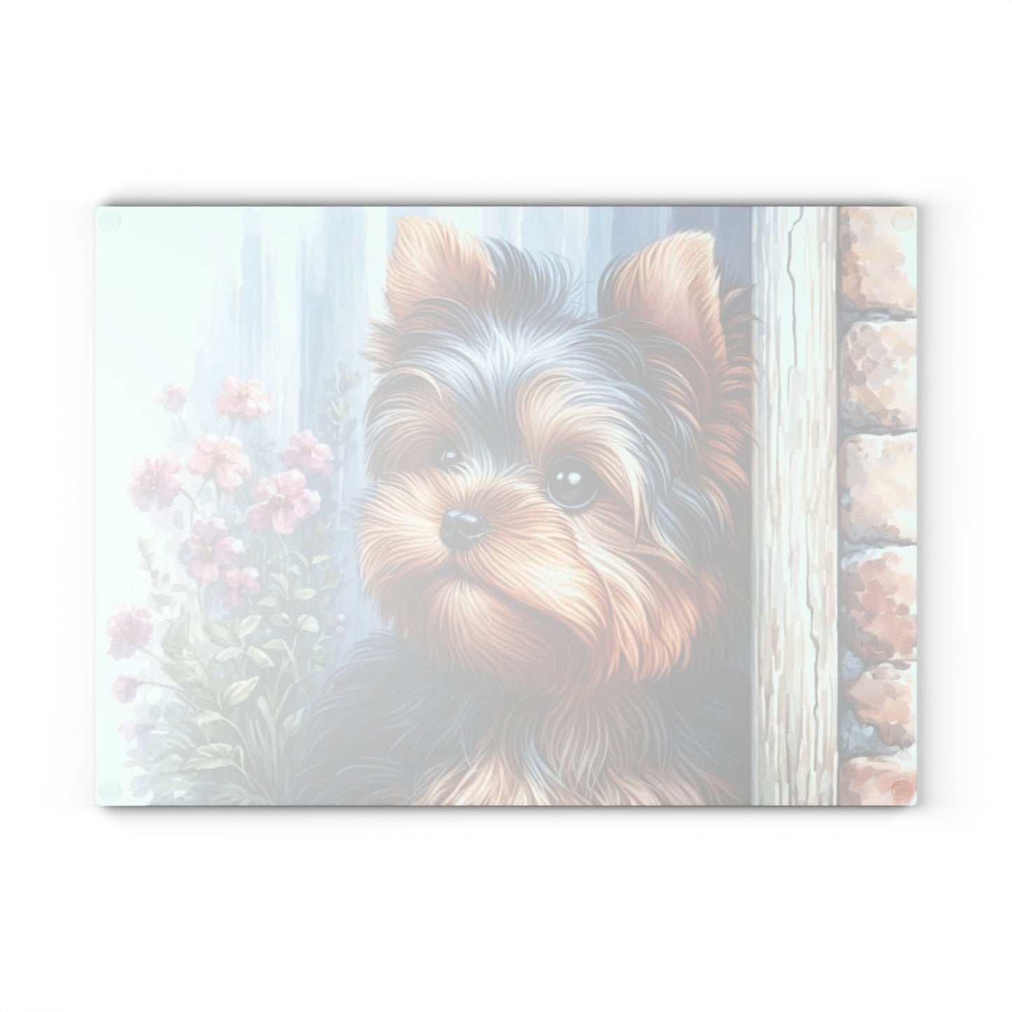 Cottage Yorkie Peek Glass Cutting Board – Floral Pup Charm for Cozy Kitchens