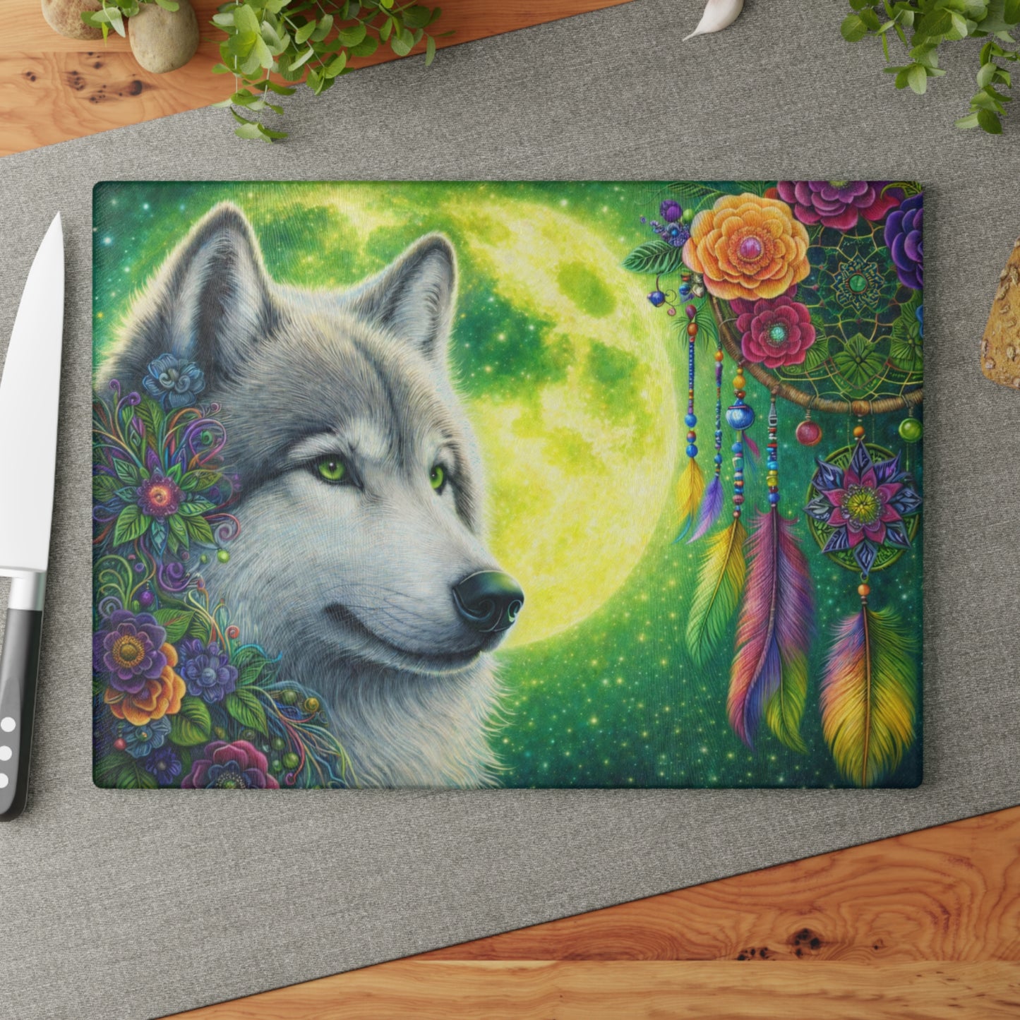 Moonlit Spirit Wolf Glass Cutting Board – Colorful Dreamcatcher Wildlife Kitchen Art