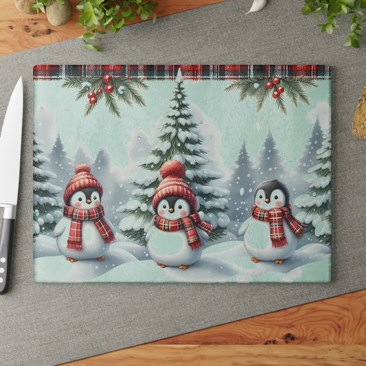 🐧🎄 Winter Penguin Wonderland Cutting Board – Festive Holiday Kitchen Décor with Plaid Accents ❄️✨
