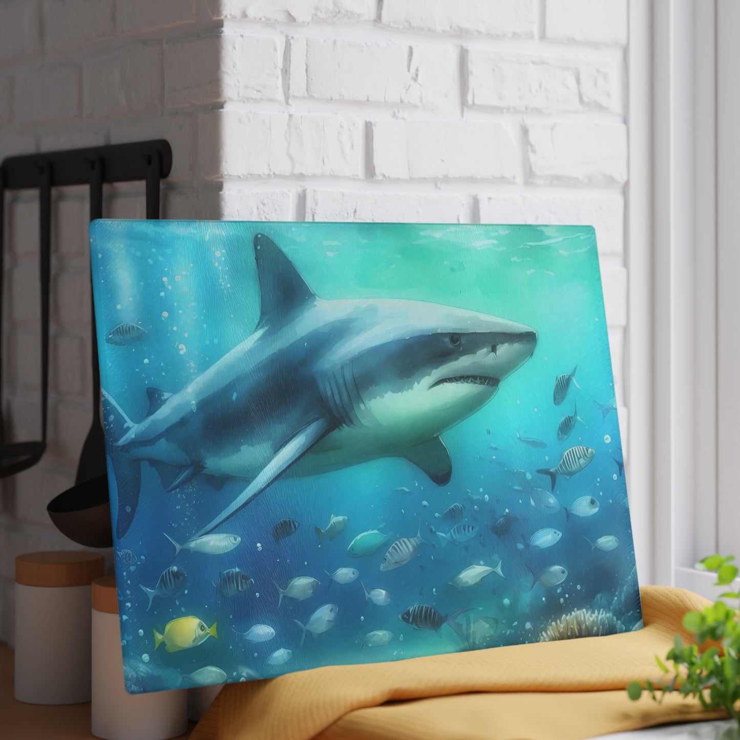 Shark kitchen decor, ocean theme cutting board, shark gift idea, shark lover gift, shark-themed gift, unique cutting board