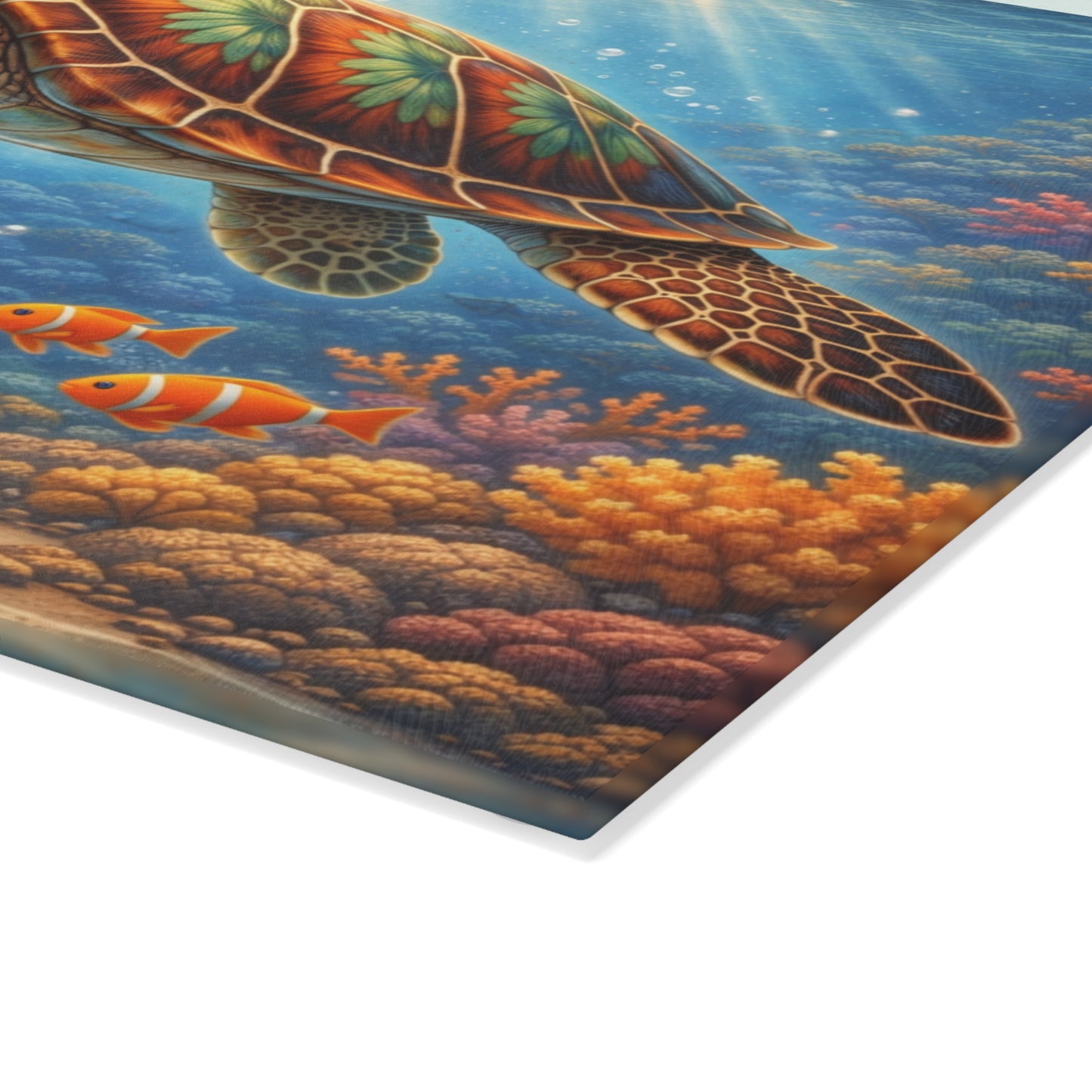 Colorful Sea Turtle Glass Cutting Board – Vibrant Underwater Ocean Reef Kitchen Art