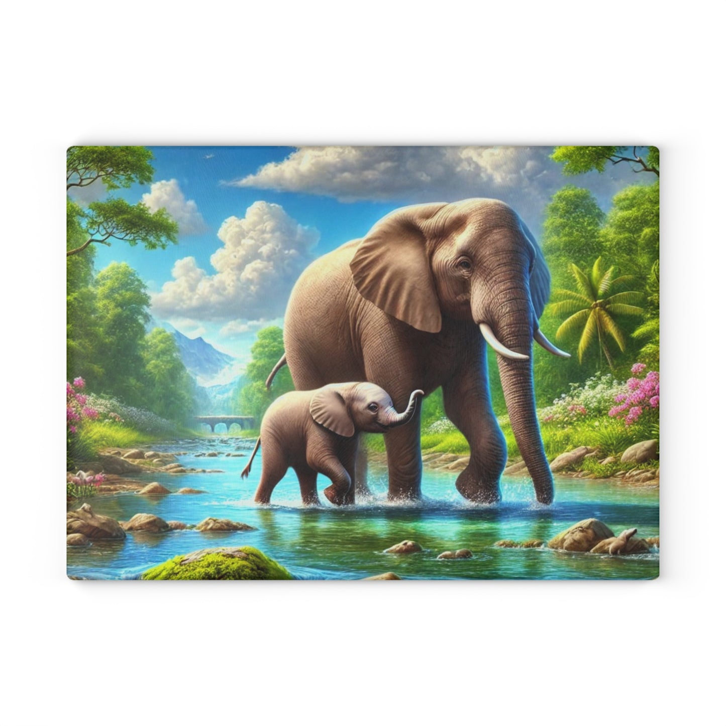 Mother elephant and her baby tempered glass cutting board - walking down a peaceful water creek