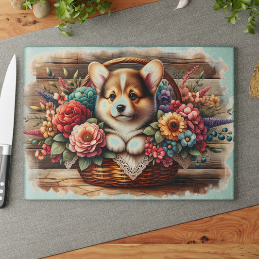 🐶🌸 Corgi in Basket Cutting Board – Sweet Charm Meets Rustic Elegance 🌼