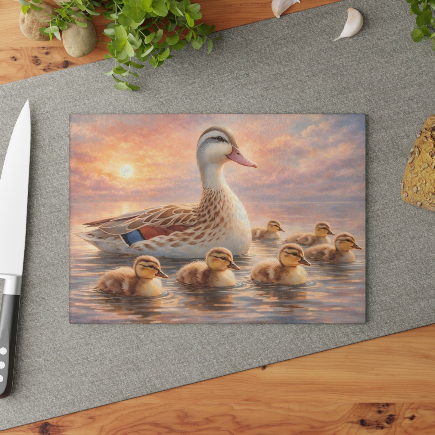 Duck Family Sunset Lake Glass Cutting Board – Peaceful Wildlife Nature Kitchen Art