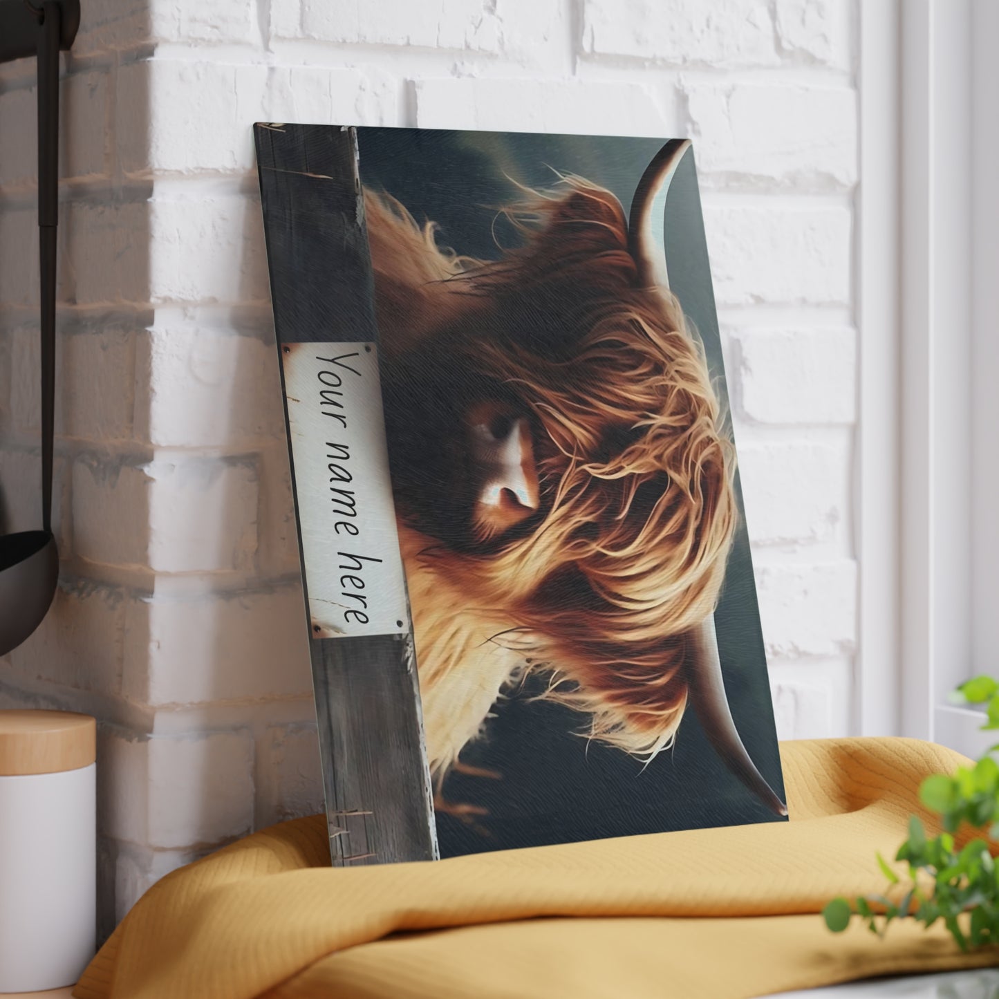 Highland Cow Over Fence Personalized Glass Cutting Board – Rustic Farmhouse Kitchen Decor, Glass Cutting Board – Western Farmhouse Decor, Country Kitchen Gift