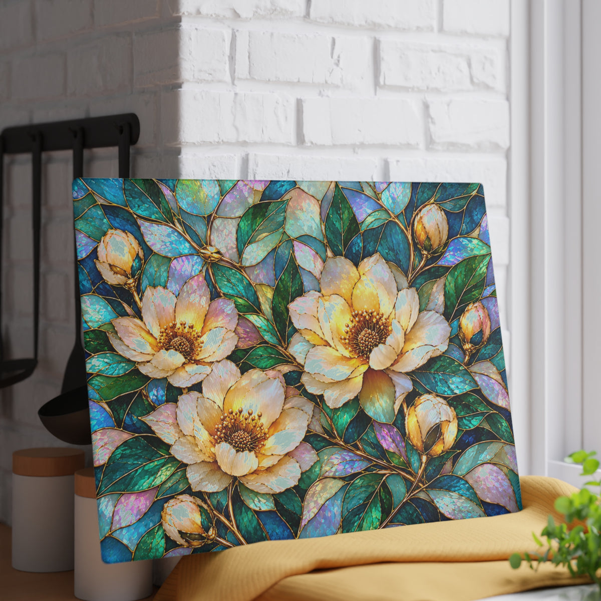 Stained-Glass-Inspired Ivory Magnolia Cutting Board – Golden Cream Blossoms, Iridescent Teal Leaves & Elegant Botanical Kitchen Décor