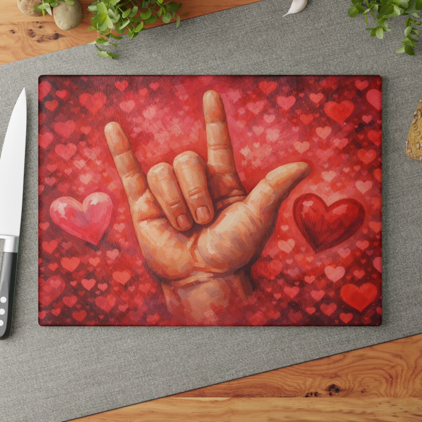 Sign Language “I Love You” Glass Cutting Board – Heartfelt ASL Art Kitchen Display