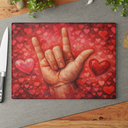 Sign Language “I Love You” Glass Cutting Board – Heartfelt ASL Art Kitchen Display