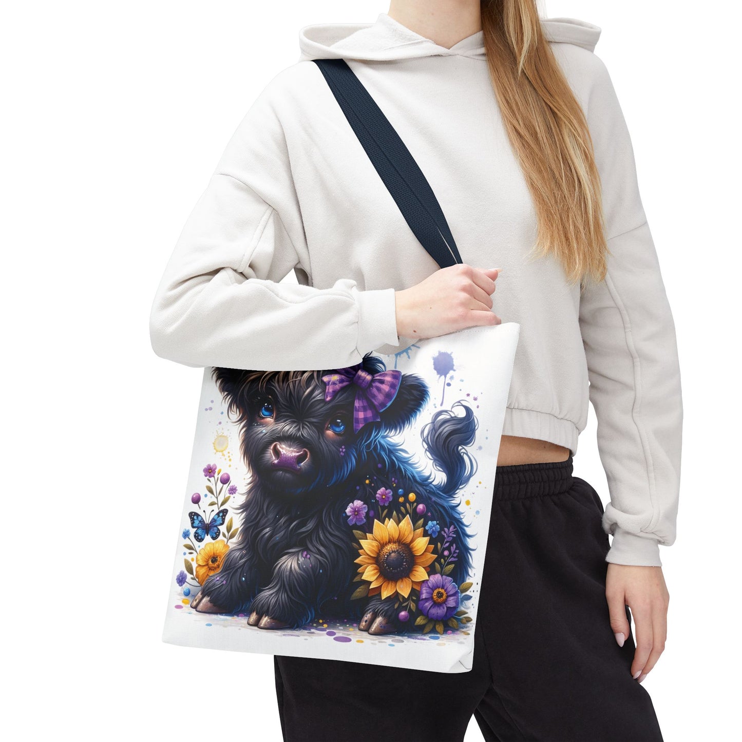 💜 Purple Bow Black Highland Calf Tote Bag – Country Charm with a Pop of Color 🐮👜
