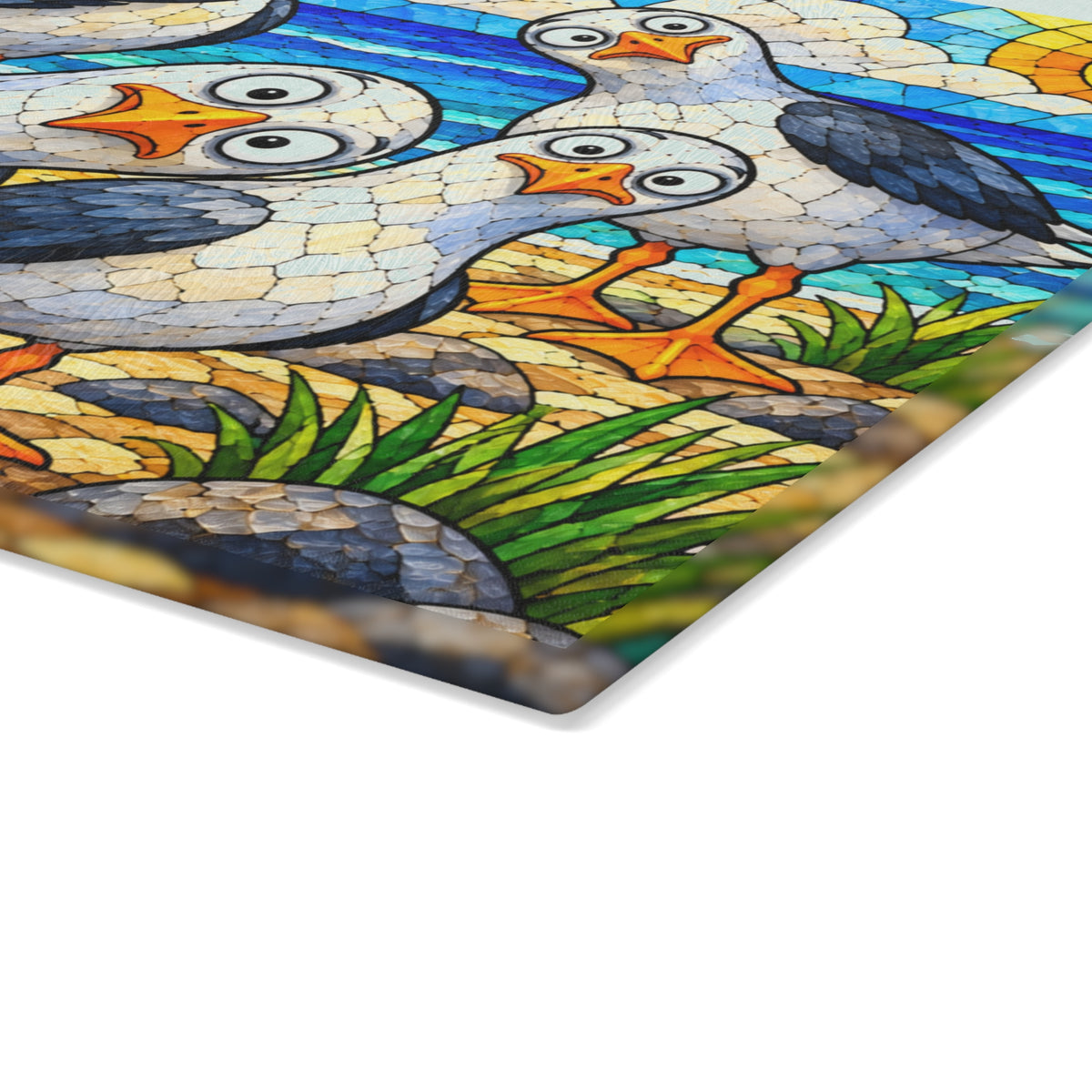 Funny Seagulls Stained-Glass-Inspired Glass Cutting Board – Coastal Beach Kitchen Decor