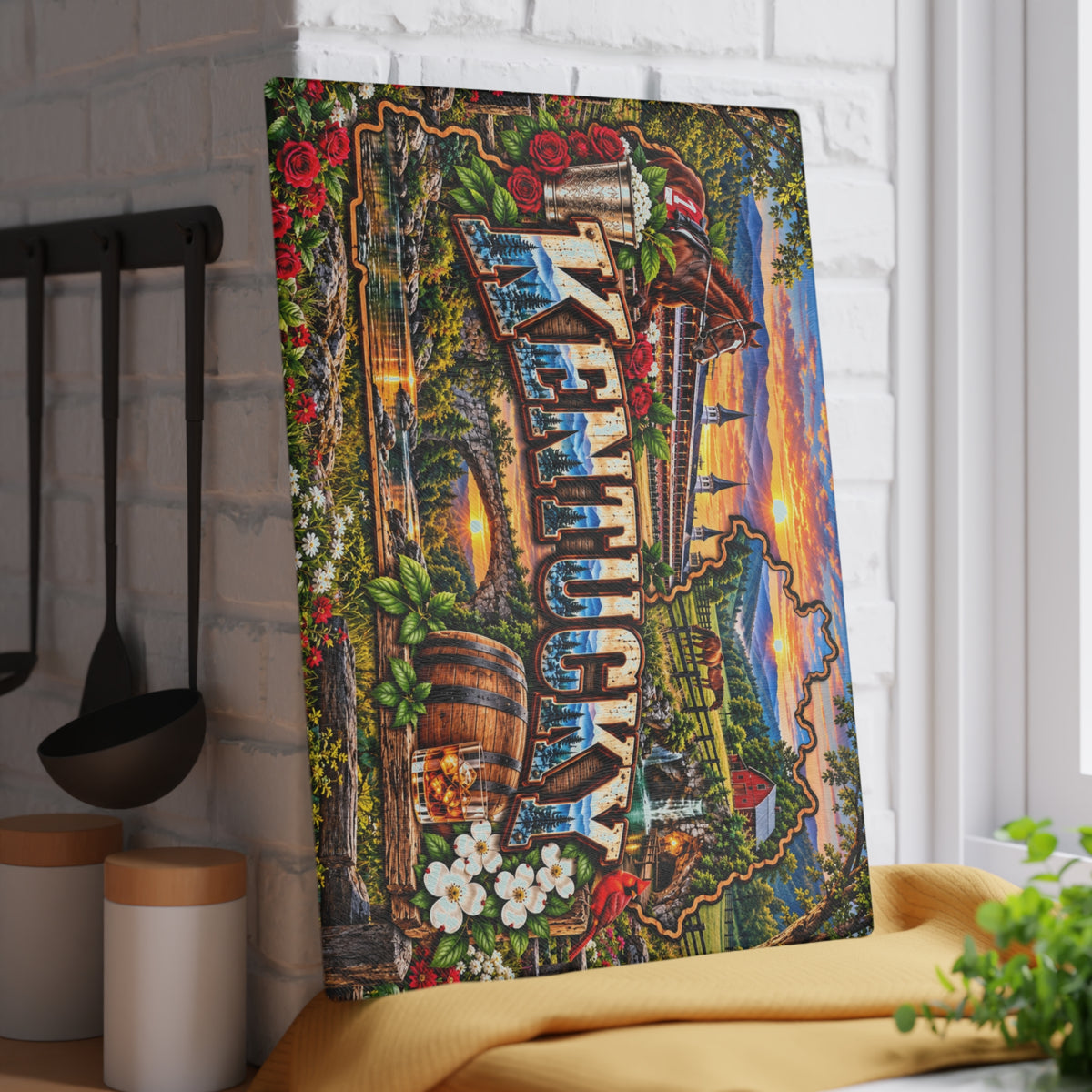 Kentucky Scenic Glass Cutting Board – Horse Racing, Bourbon Barrel, Red Cardinal & Bluegrass Country Décor