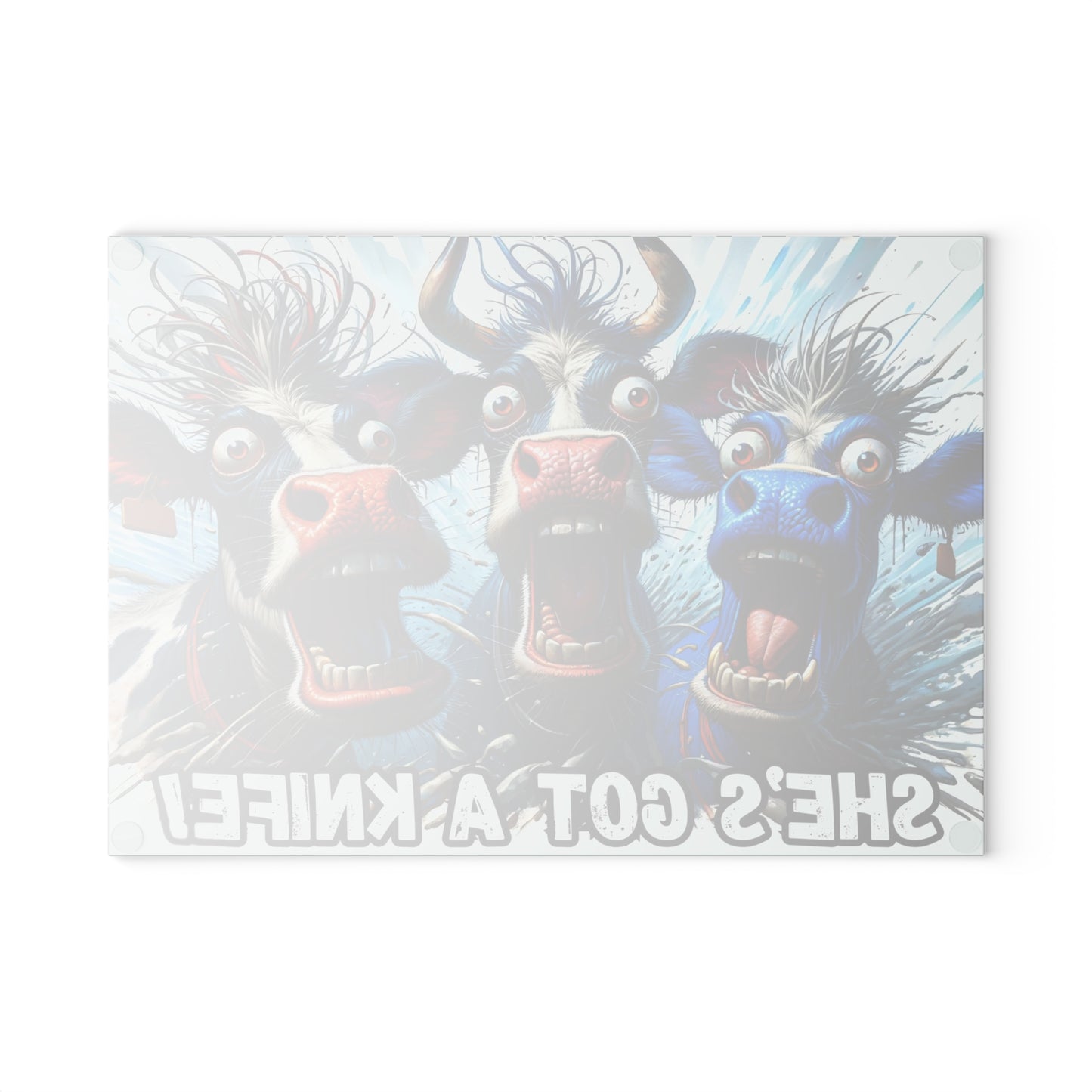 🐮🔪 “She’s Got a Knife!” Glass Cutting Board – Hilarious Farmhouse Horror Vibes