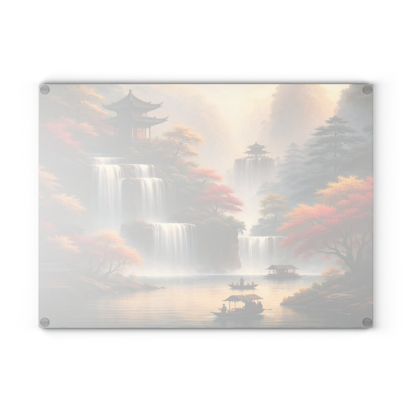 Asian Waterfall Landscape Glass Cutting Board – Serene Mountain Temple Kitchen Art