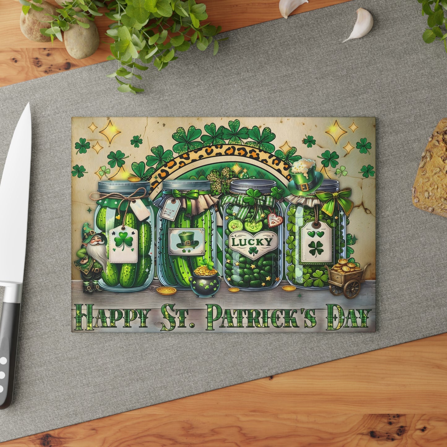 Lucky Shamrock Jars Glass Cutting Board – St. Patrick’s Day Kitchen Décor