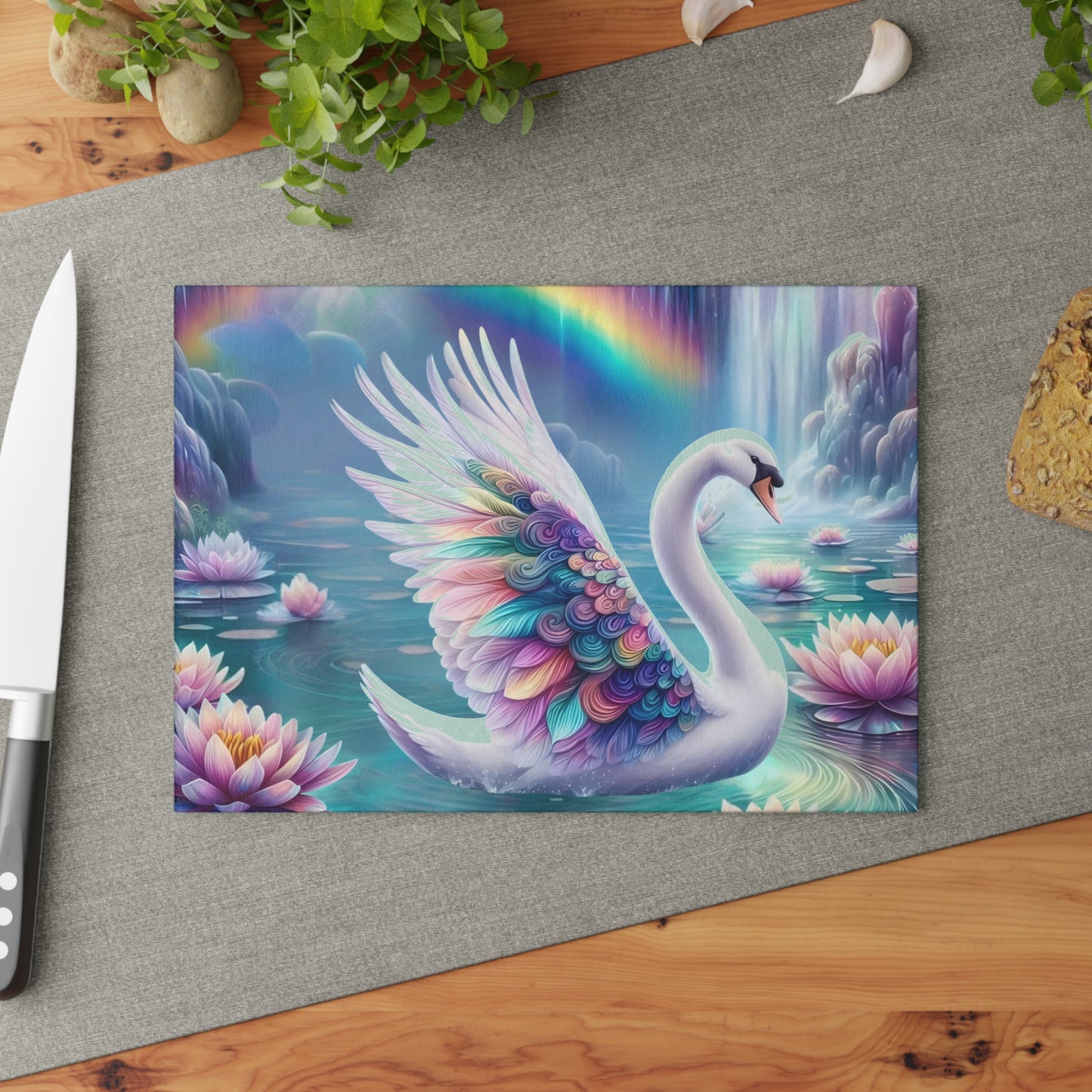 Swan Glass Cutting Board – Elegant Kitchen Decor | Tempered Glass Serving Board with Graceful Bird Design