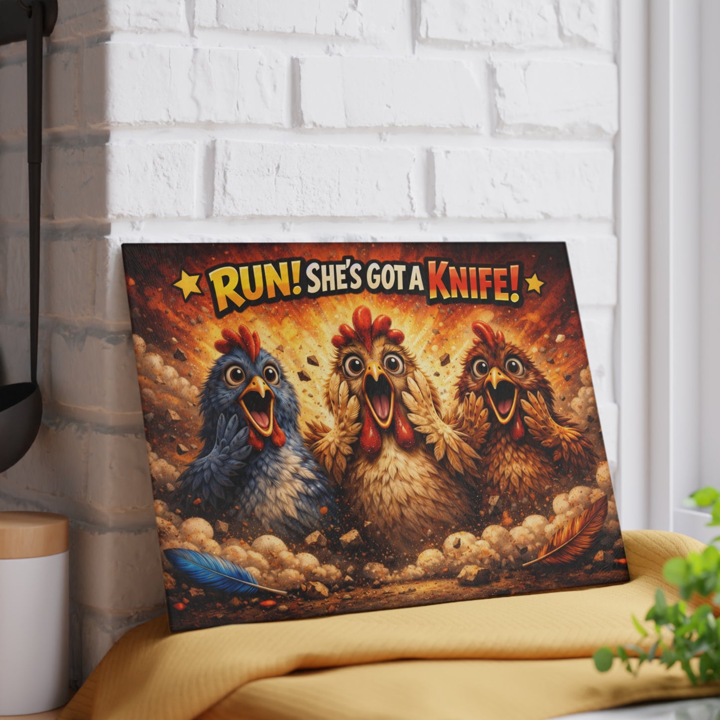 RUN! She’s Got a Knife Glass Cutting Board – Explosive Farmhouse Chicken