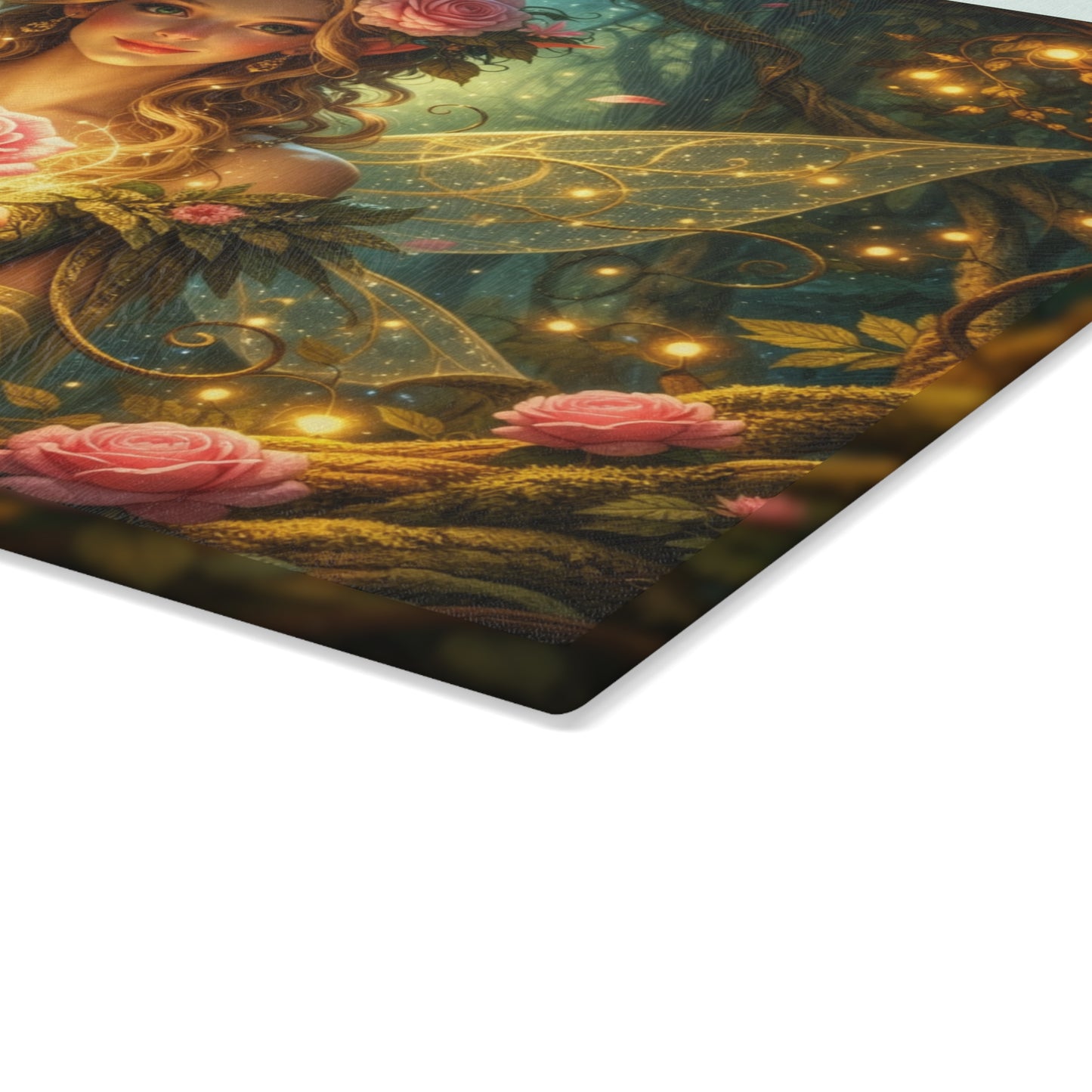 Enchanted Forest Fairy Glass Cutting Board – Magical Rose Fantasy Art Kitchen Decor