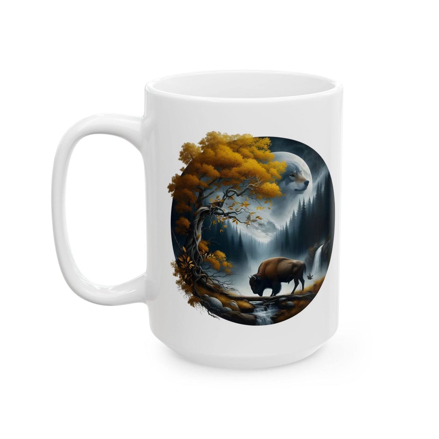 🌙🐂 Wolf & Buffalo Spirit Mug – Autumn Nature Coffee Cup ☕🌲