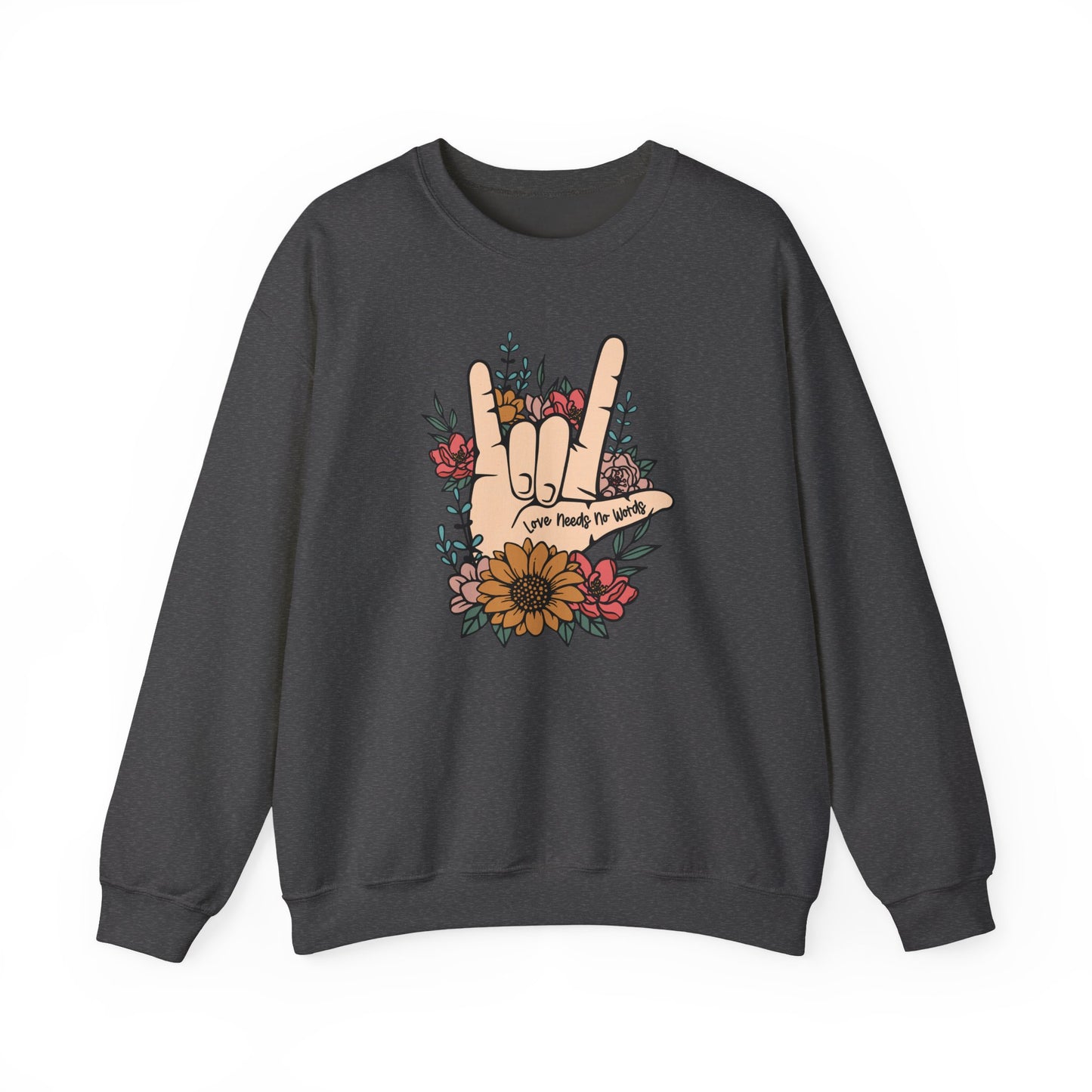🎄🤟 Love Needs No Words Christmas Sweatshirt – ASL Holiday Floral Design for Meaningful Gifts 🌸🎁