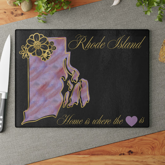 🖤 Rhode Island State Cutting Board – Elegant Watercolor Pride with Gold Florals 💜